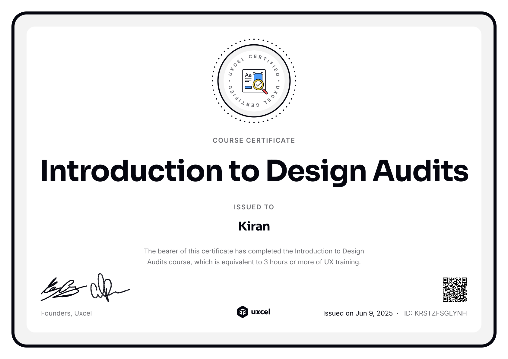 Kiran's certificate